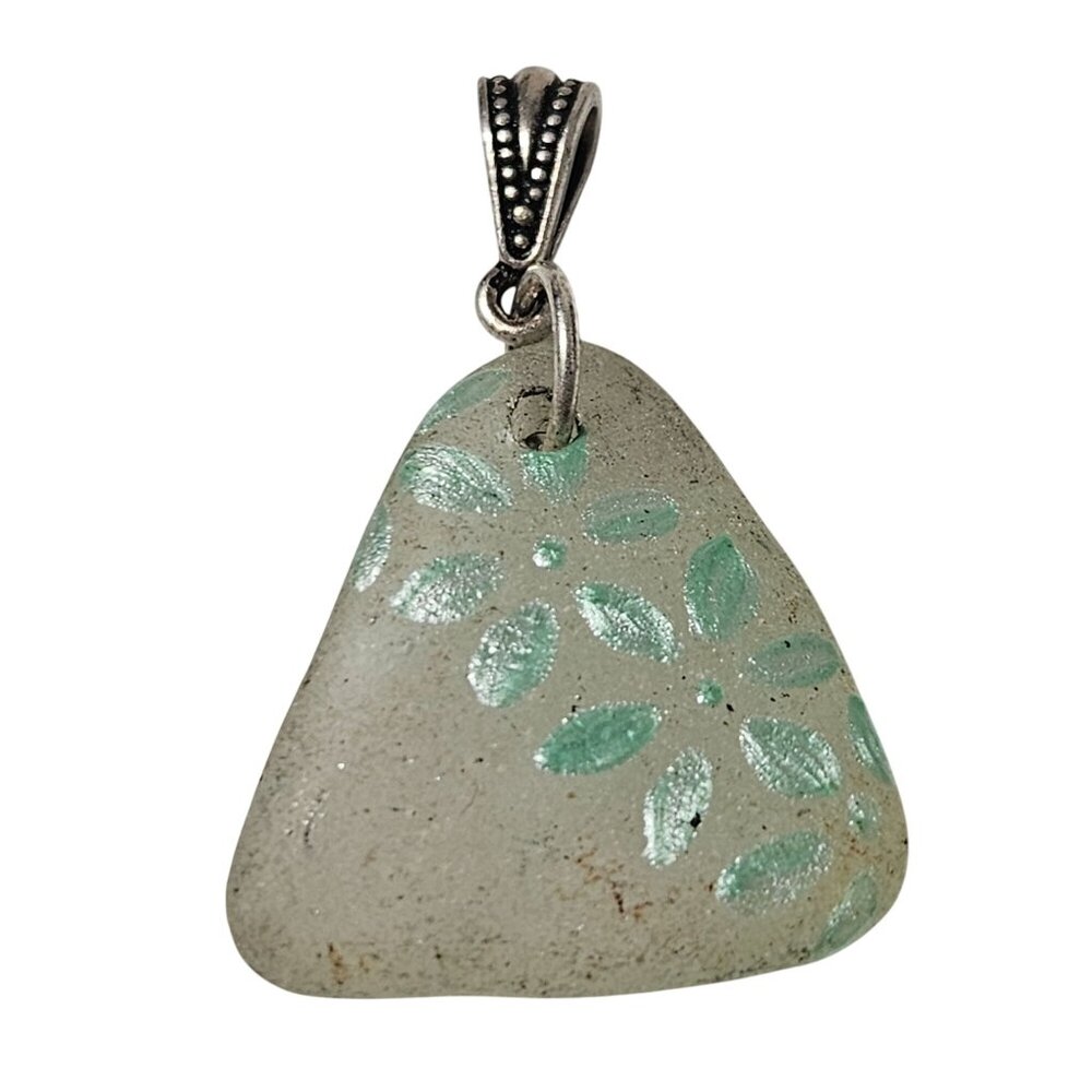 Boho Beach Glass Pendant Green Floral Design Metal Bail DIY Fashion Jewelry